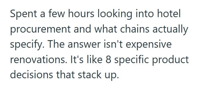 Spent a few hours looking into hotel procurement and what chains actually specify. The answer isn't expensive renovations. It's like 8 specific product decisions that stack up.