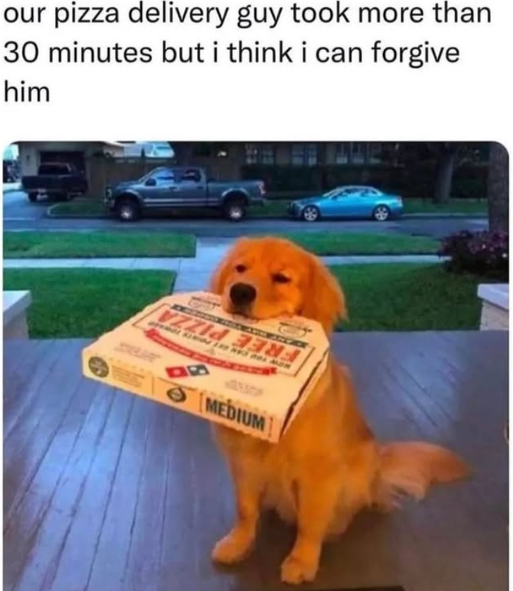our pizza delivery guy took more than 30 minutes but i think i can forgive him C です MEDIUM B