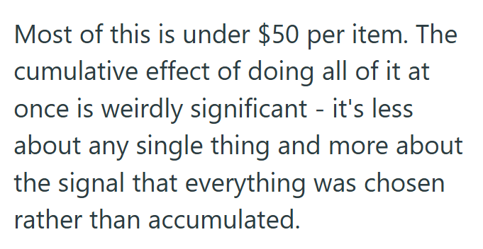 Most of this is under $50 per item. The cumulative effect of doing all of it at once is weirdly significant - it's less about any single thing and more about the signal that everything was chosen rather than accumulated.