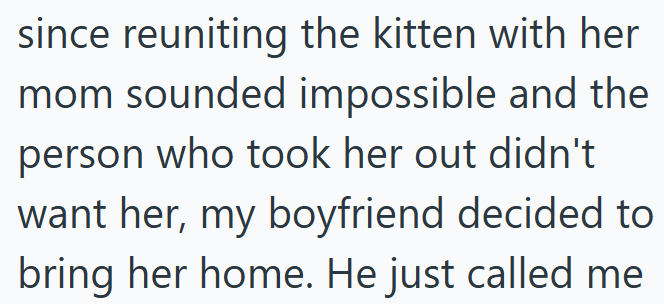 since reuniting the kitten with her mom sounded impossible and the person who took her out didn't want her, my boyfriend decided to bring her home. He just called me