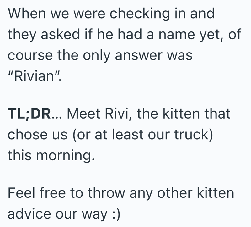 When we were checking in and they asked if he had a name yet, of course the only answer was "Rivian". TL;DR... Meet Rivi, the kitten that chose us (or at least our truck) this morning. Feel free to throw any other kitten advice our way :)