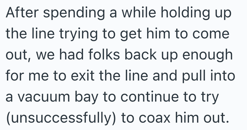 After spending a while holding up the line trying to get him to come out, we had folks back up enough for me to exit the line and pull into a vacuum bay to continue to try (unsuccessfully) to coax him out.