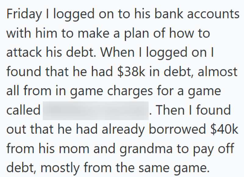 Friday I logged on to his bank accounts with him to make a plan of how to attack his debt. When I logged on I found that he had $38k in debt, almost all from in game charges for a game called . Then I found out that he had already borrowed $40k from his mom and grandma to pay off debt, mostly from the same game.