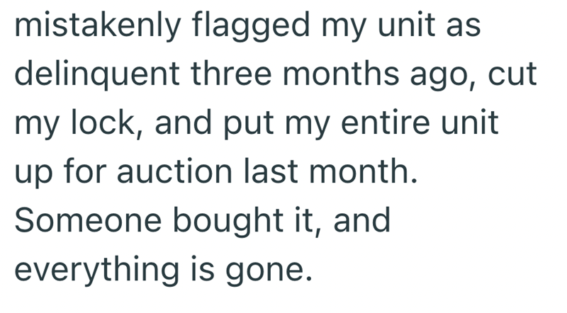 mistakenly flagged my unit as delinquent three months ago, cut my lock, and put my entire unit up for auction last month. Someone bought it, and everything is gone.