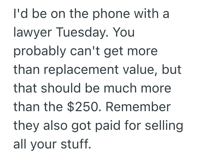 I'd be on the phone with a lawyer Tuesday. You probably can't get more than replacement value, but that should be much more than the $250. Remember they also got paid for selling all your stuff.