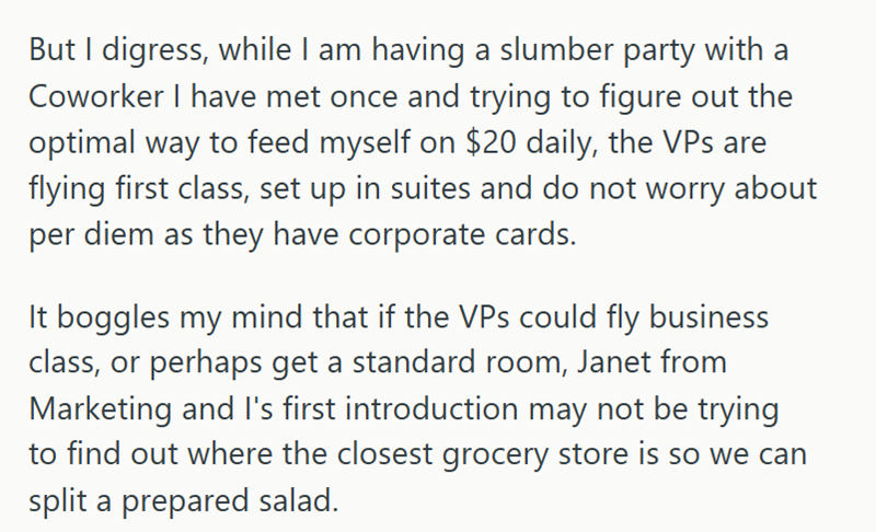 But I digress, while I am having a slumber party with a Coworker I have met once and trying to figure out the optimal way to feed myself on $20 daily, the VPs are flying first class, set up in suites and do not worry about per diem as they have corporate cards. It boggles my mind that if the VPs could fly business class, or perhaps get a standard room, Janet from Marketing and I's first introduction may not be trying to find out where the closest grocery store is so we can split a prepared salad