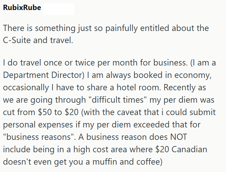 RubixRube There is something just so painfully entitled about the C-Suite and travel. I do travel once or twice per month for business. (I am a Department Director) I am always booked in economy, occasionally I have to share a hotel room. Recently as we are going through "difficult times" my per diem was cut from $50 to $20 (with the caveat that i could submit personal expenses if my per diem exceeded that for "business reasons". A business reason does NOT include being in a high cost area where