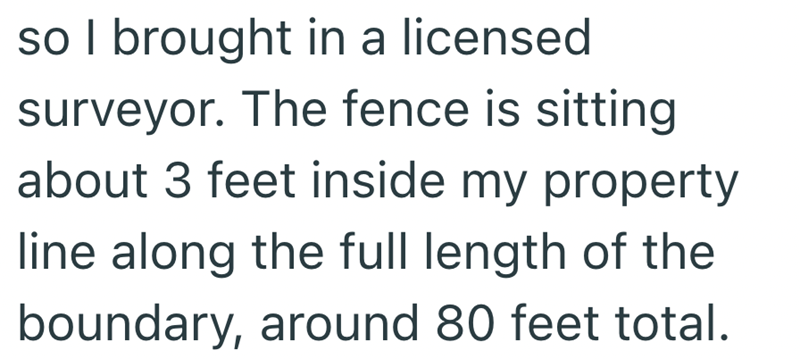 so I brought in a licensed surveyor. The fence is sitting about 3 feet inside my property line along the full length of the boundary, around 80 feet total.