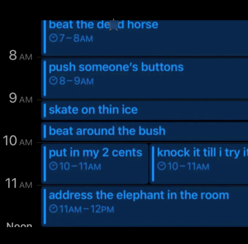 beat the dead horse 07-8AM 8 AM push someone's buttons 08-9AM 9 AM skate on thin ice beat around the bush 10 AM put in my 2 cents knock it till i try it 010-11AM 010-11AM 11 AM address the elephant in the room Noon 11AM-12PM