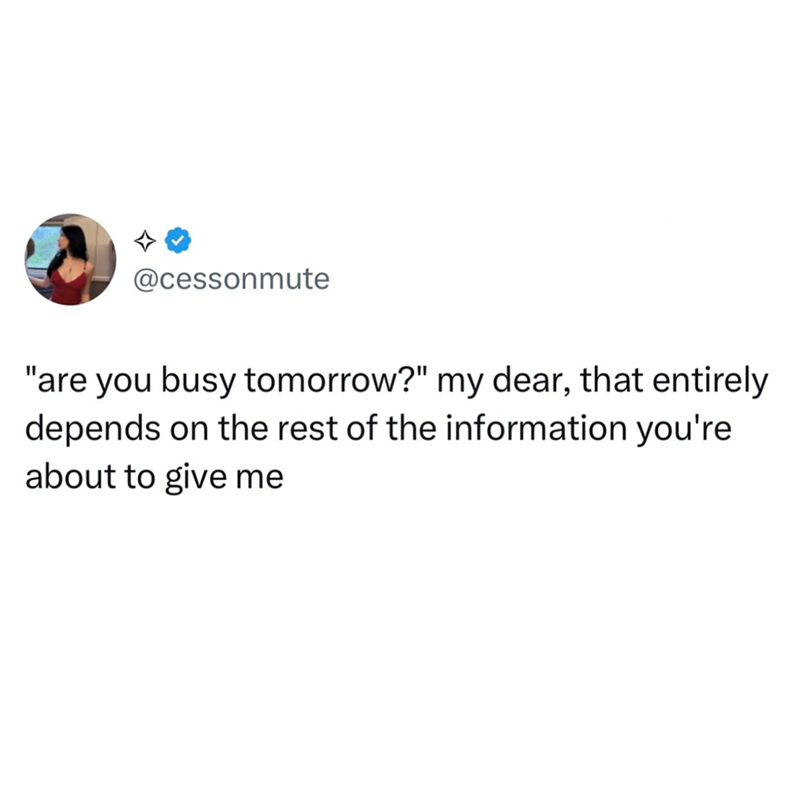 @cessonmute "are you busy tomorrow?" my dear, that entirely depends on the rest of the information you're about to give me
