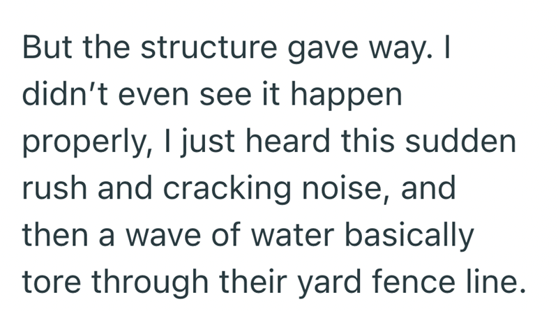 But the structure gave way. I didn't even see it happen properly, I just heard this sudden rush and cracking noise, and then a wave of water basically tore through their yard fence line.