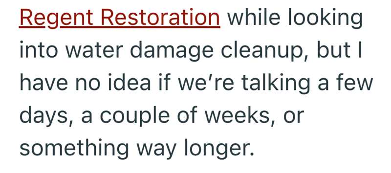 Regent Restoration while looking into water damage cleanup, but I have no idea if we're talking a few days, a couple of weeks, or something way longer.