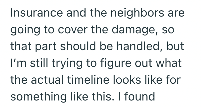 Insurance and the neighbors are going to cover the damage, so that part should be handled, but I'm still trying to figure out what the actual timeline looks like for something like this. I found