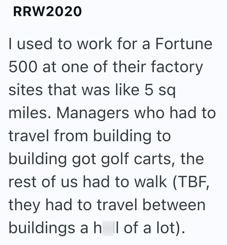 RRW2020 I used to work for a Fortune 500 at one of their factory sites that was like 5 sq miles. Managers who had to travel from building to building got golf carts, the rest of us had to walk (TBF, they had to travel between buildings a h I of a lot).