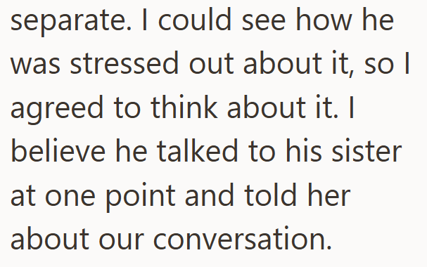 separate. I could see how he was stressed out about it, so I agreed to think about it. I believe he talked to his sister at one point and told her about our conversation.