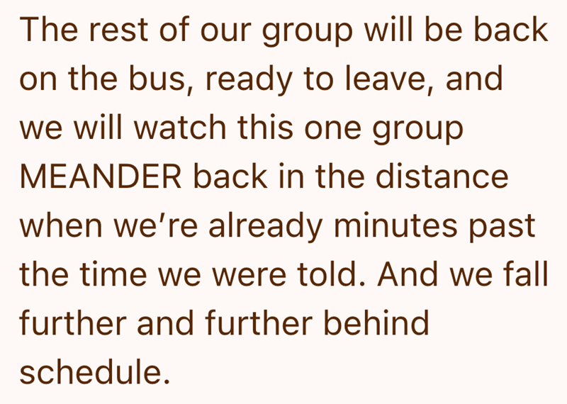 The rest of our group will be back on the bus, ready to leave, and we will watch this one group MEANDER back in the distance when we're already minutes past the time we were told. And we fall further and further behind schedule.
