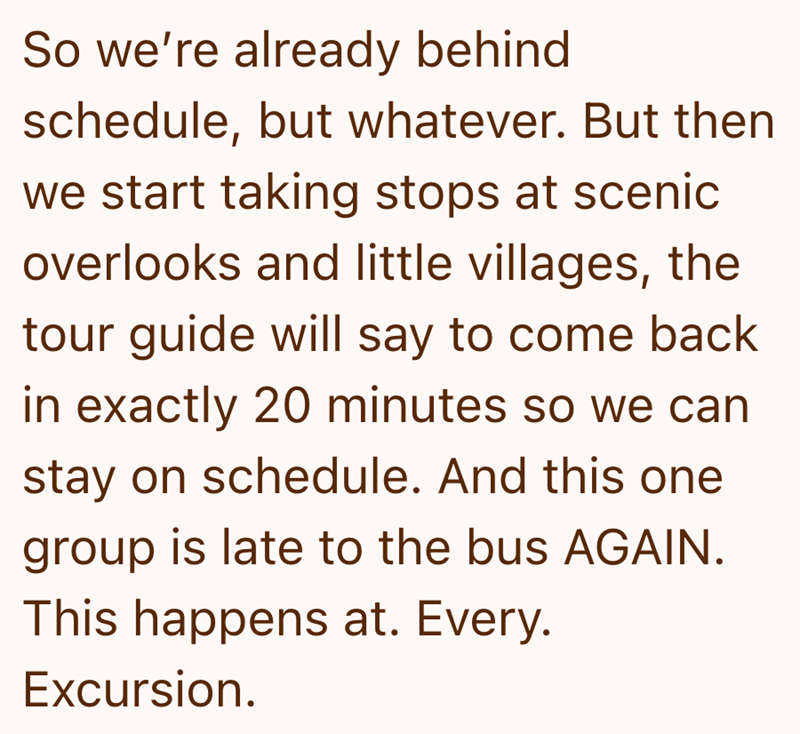 So we're already behind schedule, but whatever. But then we start taking stops at scenic overlooks and little villages, the tour guide will say to come back in exactly 20 minutes so we can stay on schedule. And this one group is late to the bus AGAIN. This happens at. Every. Excursion.