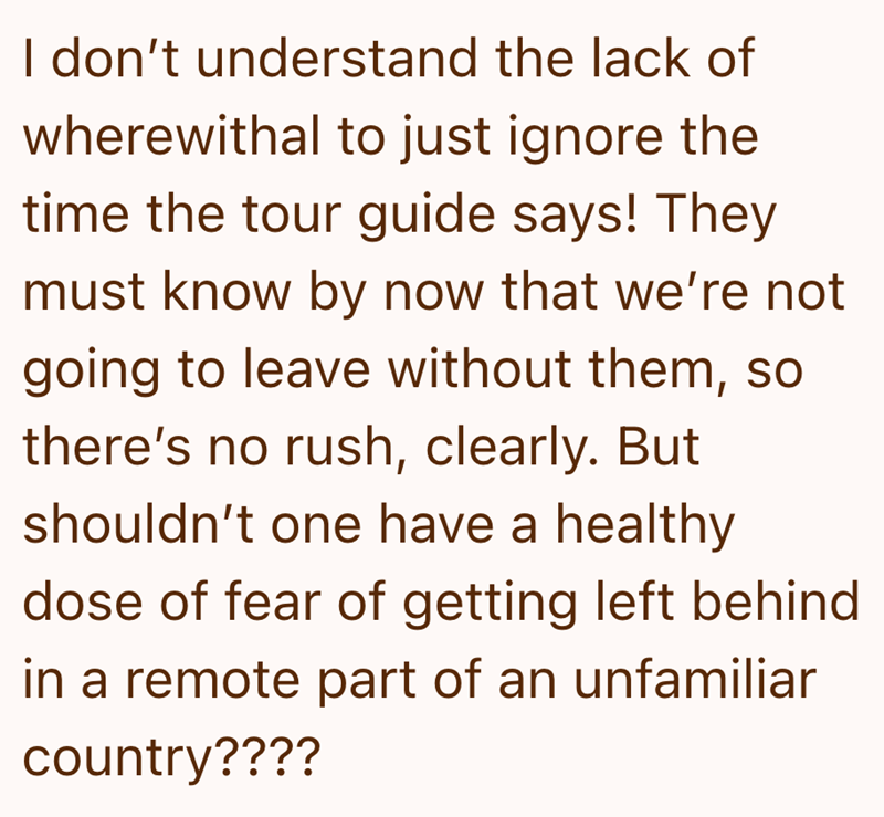 I don't understand the lack of wherewithal to just ignore the time the tour guide says! They must know by now that we're not going to leave without them, so there's no rush, clearly. But shouldn't one have a healthy dose of fear of getting left behind in a remote part of an unfamiliar country????