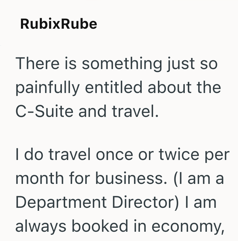 RubixRube There is something just so painfully entitled about the C-Suite and travel. I do travel once or twice per month for business. (I am a Department Director) I am always booked in economy,