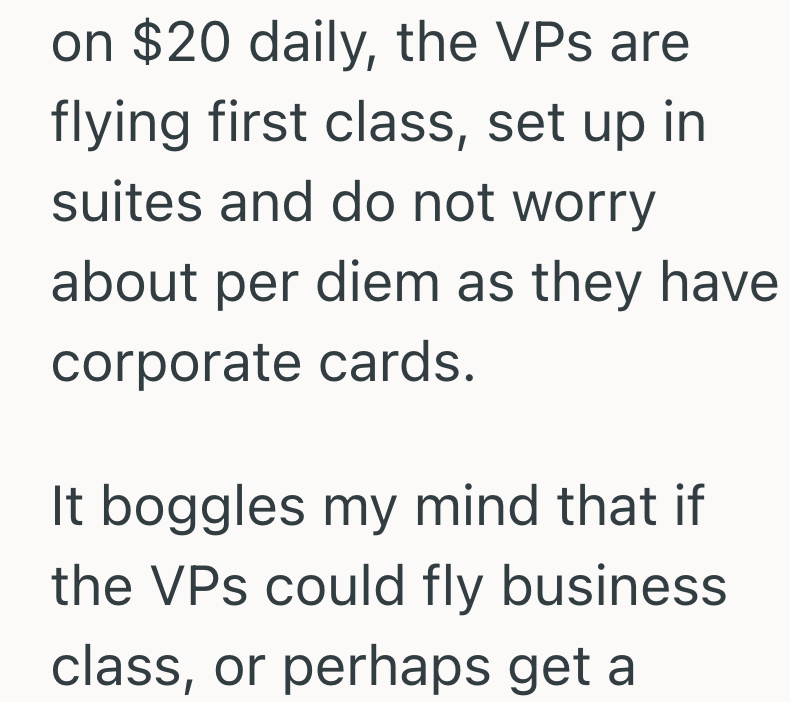 on $20 daily, the VPs are flying first class, set up in suites and do not worry about per diem as they have corporate cards. It boggles my mind that if the VPS could fly business. class, or perhaps get a