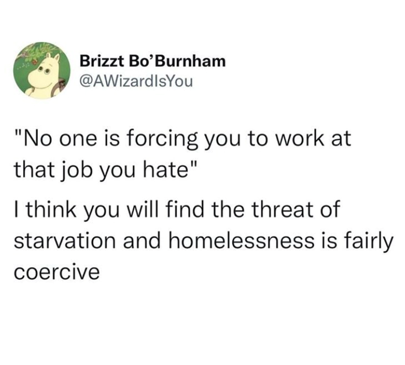 Brizzt Bo'Burnham @AWizardIsYou "No one is forcing you to work at that job you hate" I think you will find the threat of starvation and homelessness is fairly coercive