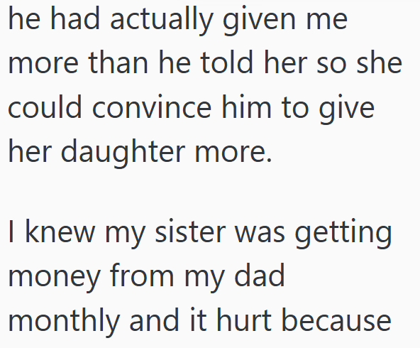 he had actually given me more than he told her so she could convince him to give her daughter more. I knew my sister was getting money from my dad monthly and it hurt because