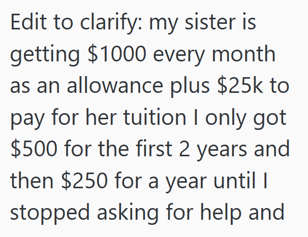 Edit to clarify: my sister is getting $1000 every month as an allowance plus $25k to pay for her tuition I only got $500 for the first 2 years and then $250 for a year until I stopped asking for help and