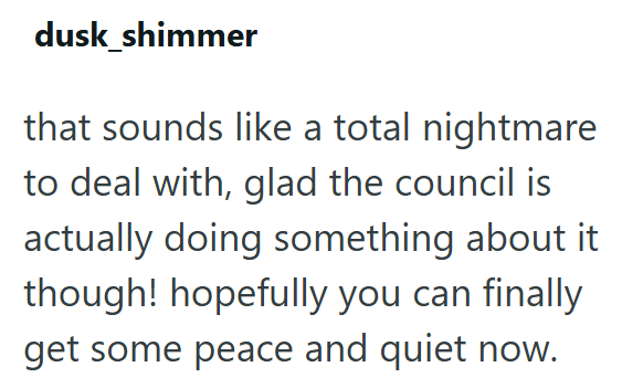 dusk_shimmer that sounds like a total nightmare to deal with, glad the council is actually doing something about it though! hopefully you can finally get some peace and quiet now.