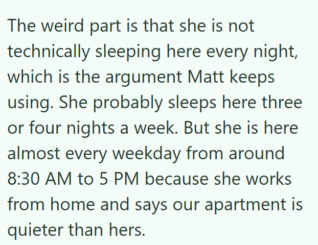 The weird part is that she is not technically sleeping here every night, which is the argument Matt keeps using. She probably sleeps here three or four nights a week. But she is here almost every weekday from around 8:30 AM to 5 PM because she works from home and says our apartment is quieter than hers.