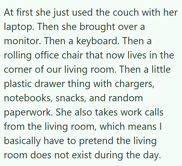 At first she just used the couch with her laptop. Then she brought over a monitor. Then a keyboard. Then a rolling office chair that now lives in the corner of our living room. Then a little plastic drawer thing with chargers, notebooks, snacks, and random paperwork. She also takes work calls from the living room, which means I basically have to pretend the living room does not exist during the day.