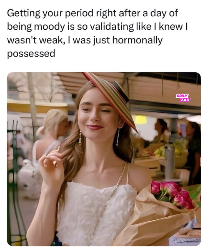 Getting your period right after a day of being moody is so validating like I knew I wasn't weak, I was just hormonally possessed GIRLY ZAR