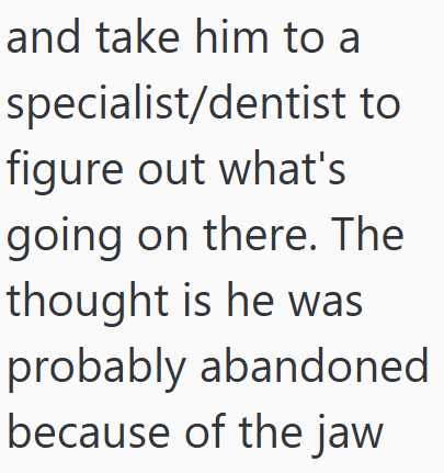 and take him to a specialist/dentist to figure out what's going on there. The thought is he was probably abandoned because of the jaw