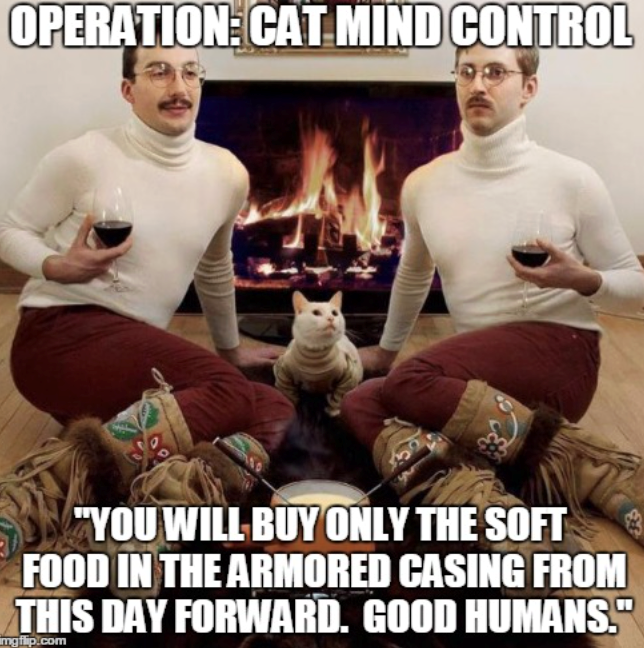 OPERATION: CAT MIND CONTROL "YOU WILL BUY ONLY THE SOFT FOOD IN THE ARMORED CASING FROM THIS DAY FORWARD. GOOD HUMANS." mgflip.com