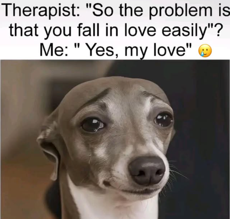 Therapist: "So the problem is that you fall in love easily"? Me: "Yes, my love"