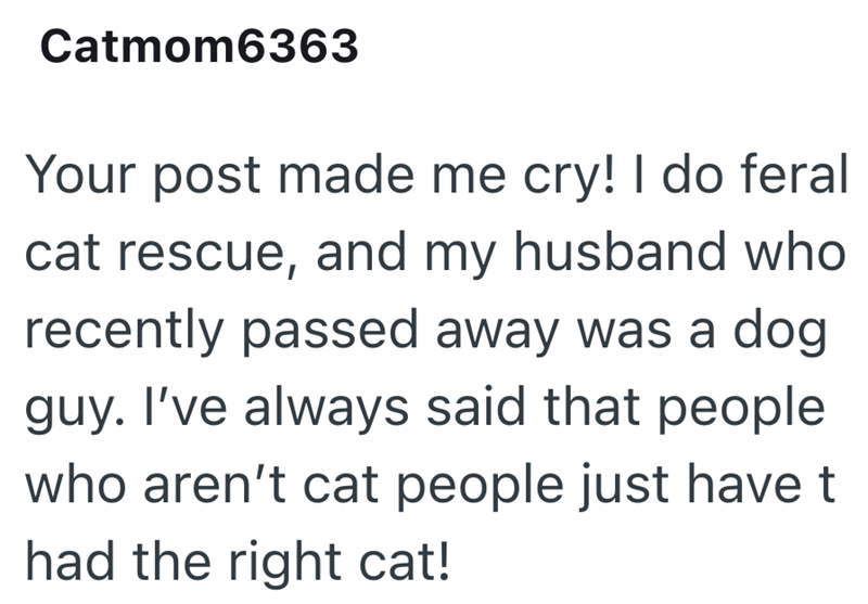 Catmom6363 Your post made me cry! I do feral cat rescue, and my husband who recently passed away was a dog guy. I've always said that people who aren't cat people just have t had the right cat!