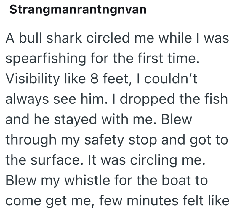 Strangmanrantngnvan A bull shark circled me while I was spearfishing for the first time. Visibility like 8 feet, I couldn't always see him. I dropped the fish and he stayed with me. Blew through my safety stop and got to the surface. It was circling me. Blew my whistle for the boat to come get me, few minutes felt like