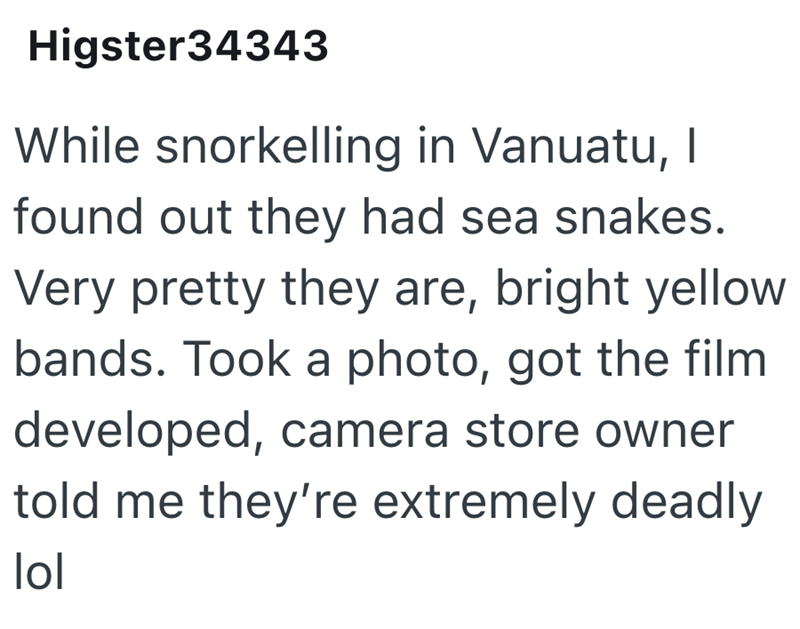 Higster34343 While snorkelling in Vanuatu, I found out they had sea snakes. Very pretty they are, bright yellow bands. Took a photo, got the film developed, camera store owner told me they're extremely deadly lol