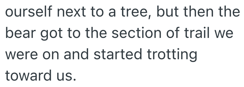ourself next to a tree, but then the bear got to the section of trail we were on and started trotting toward us.