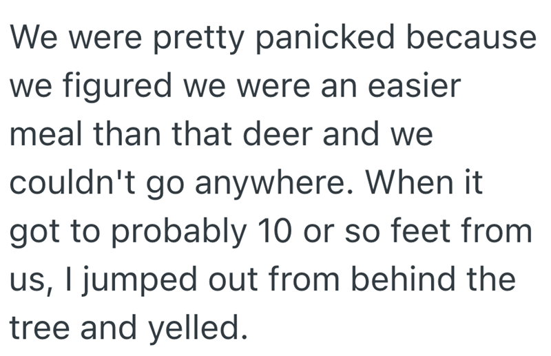 We were pretty panicked because we figured we were an easier meal than that deer and we couldn't go anywhere. When it got to probably 10 or so feet from us, I jumped out from behind the tree and yelled.