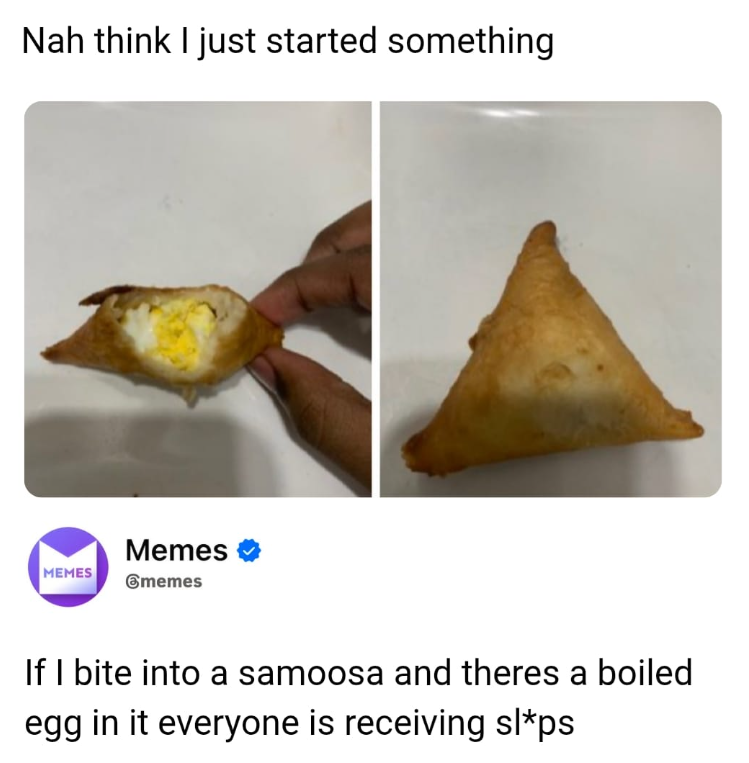 Nah think I just started something Memes MEMES ⑥memes If I bite into a samoosa and theres a boiled egg in it everyone is receiving sl*ps