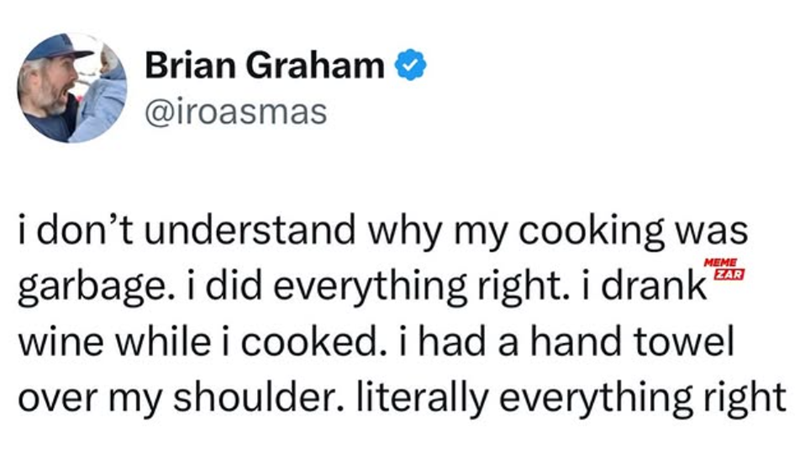 Brian Graham ☑ @iroasmas MEME ZAR i don't understand why my cooking was garbage. i did everything right. i drank wine while i cooked. i had a hand towel over my shoulder. literally everything right