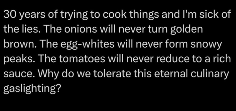 30 years of trying to cook things and I'm sick of the lies. The onions will never turn golden brown. The egg-whites will never form snowy peaks. The tomatoes will never reduce to a rich sauce. Why do we tolerate this eternal culinary gaslighting?