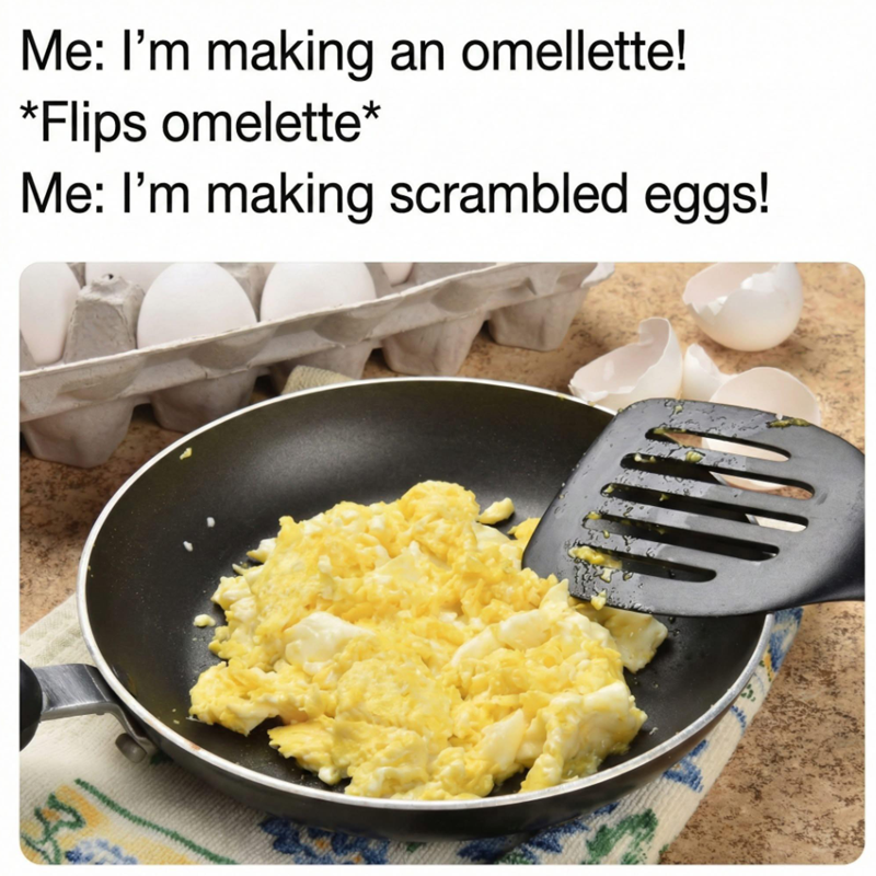 Me: I'm making an omellette! *Flips omelette* Me: I'm making scrambled eggs!