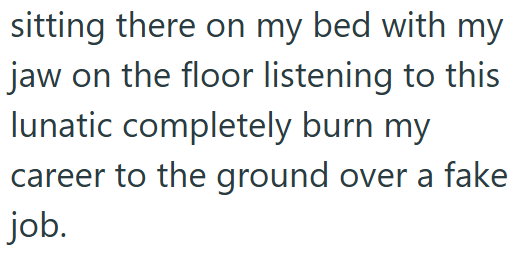 sitting there on my bed with my jaw on the floor listening to this lunatic completely burn my career to the ground over a fake job.