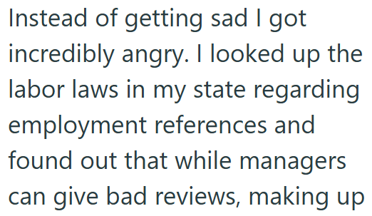 Instead of getting sad I got incredibly angry. I looked up the labor laws in my state regarding employment references and found out that while managers can give bad reviews, making up