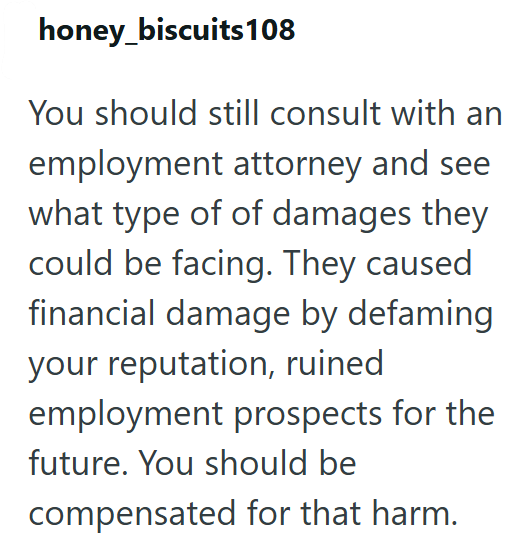 honey_biscuits 108 You should still consult with an employment attorney and see what type of of damages they could be facing. They caused financial damage by defaming your reputation, ruined employment prospects for the future. You should be compensated for that harm.