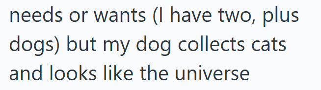 needs or wants (I have two, plus dogs) but my dog collects cats and looks like the universe