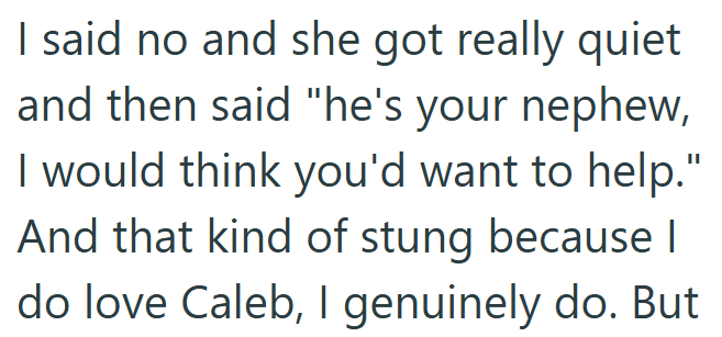 I said no and she got really quiet and then said "he's your nephew, I would think you'd want to help." And that kind of stung because I do love Caleb, I genuinely do. But