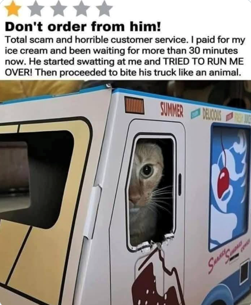 Don't order from him! Total scam and horrible customer service. I paid for my ice cream and been waiting for more than 30 minutes now. He started swatting at me and TRIED TO RUN ME OVER! Then proceeded to bite his truck like an animal. SUMMER DELUCOUS DELICIOUS FRE SHA