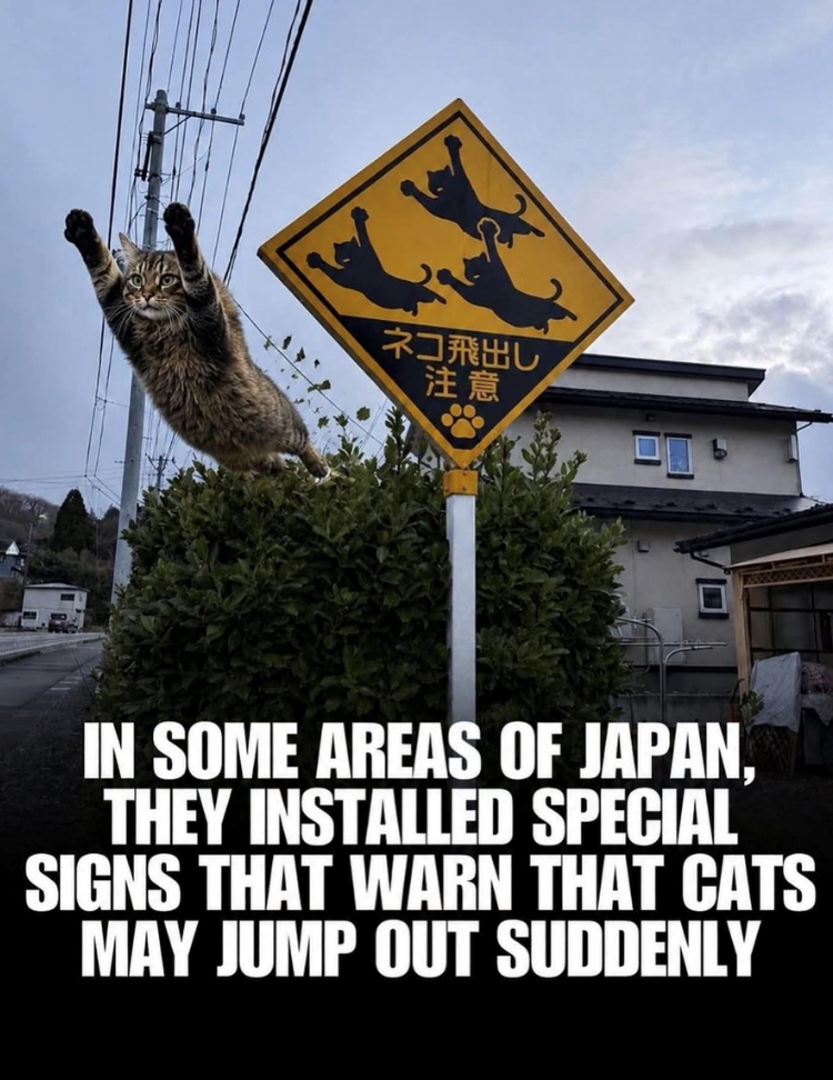 ネコ飛出し 注意 IN SOME AREAS OF JAPAN, THEY INSTALLED SPECIAL SIGNS THAT WARN THAT CATS MAY JUMP OUT SUDDENLY